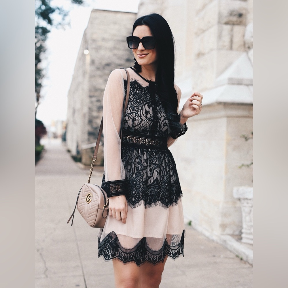 Chicwish Nude Black Lace Sheer Sleeve Mini Dress